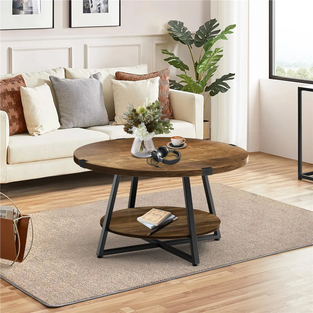Jahaira Round Coffee Table with 2-Tier Storage Shelves