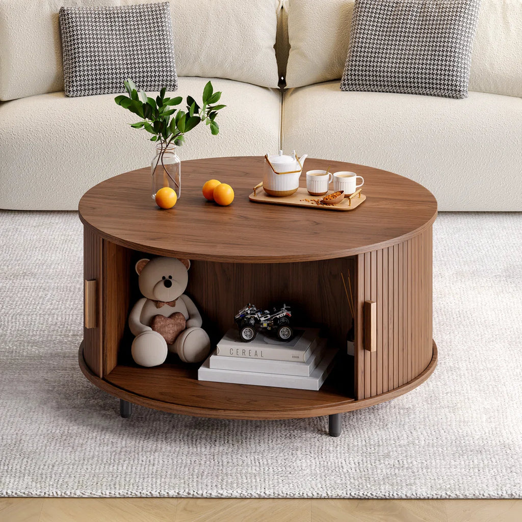 31.5" Modern Round Coffee Table With 360° Curved Sliding Door