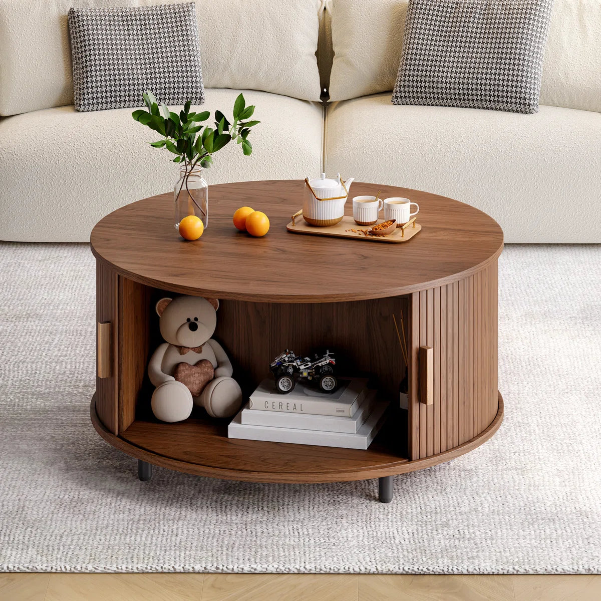 31.5" Modern Round Coffee Table With 360° Curved Sliding Door