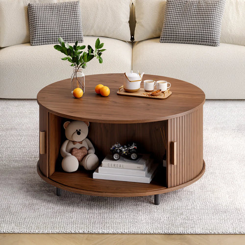 31.5" Modern Round Coffee Table With 360° Curved Sliding Door