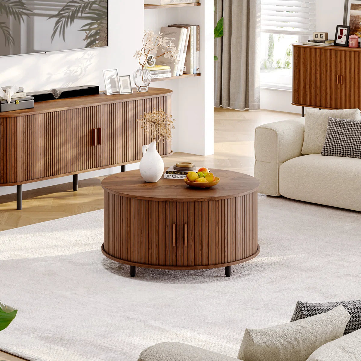 31.5" Modern Round Coffee Table With 360° Curved Sliding Door