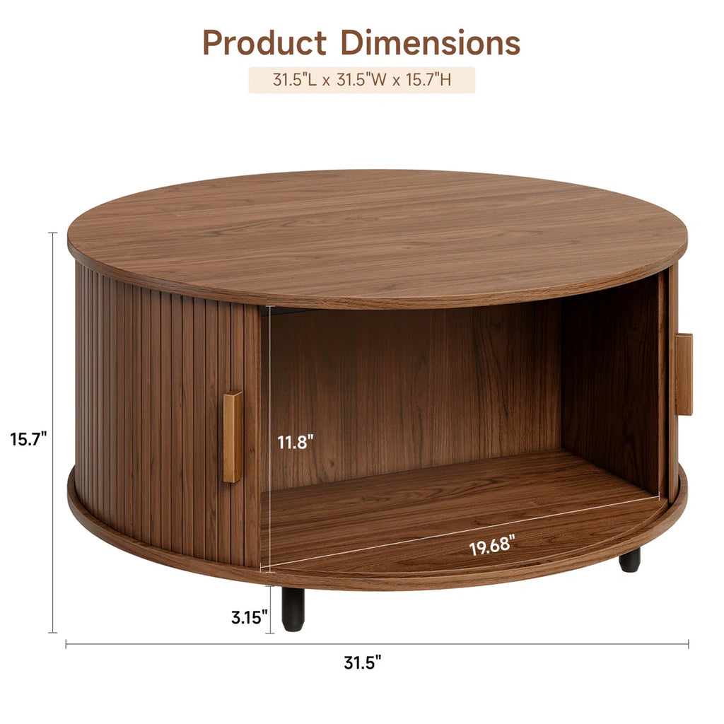 31.5" Modern Round Coffee Table With 360° Curved Sliding Door