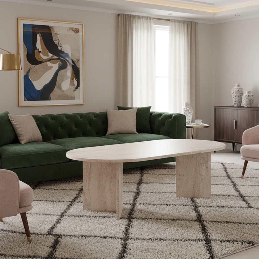 Modern Coffee Table, Travertine Color, 120 x 40 x 60 cm, 100% Melamine Coated Particle Board